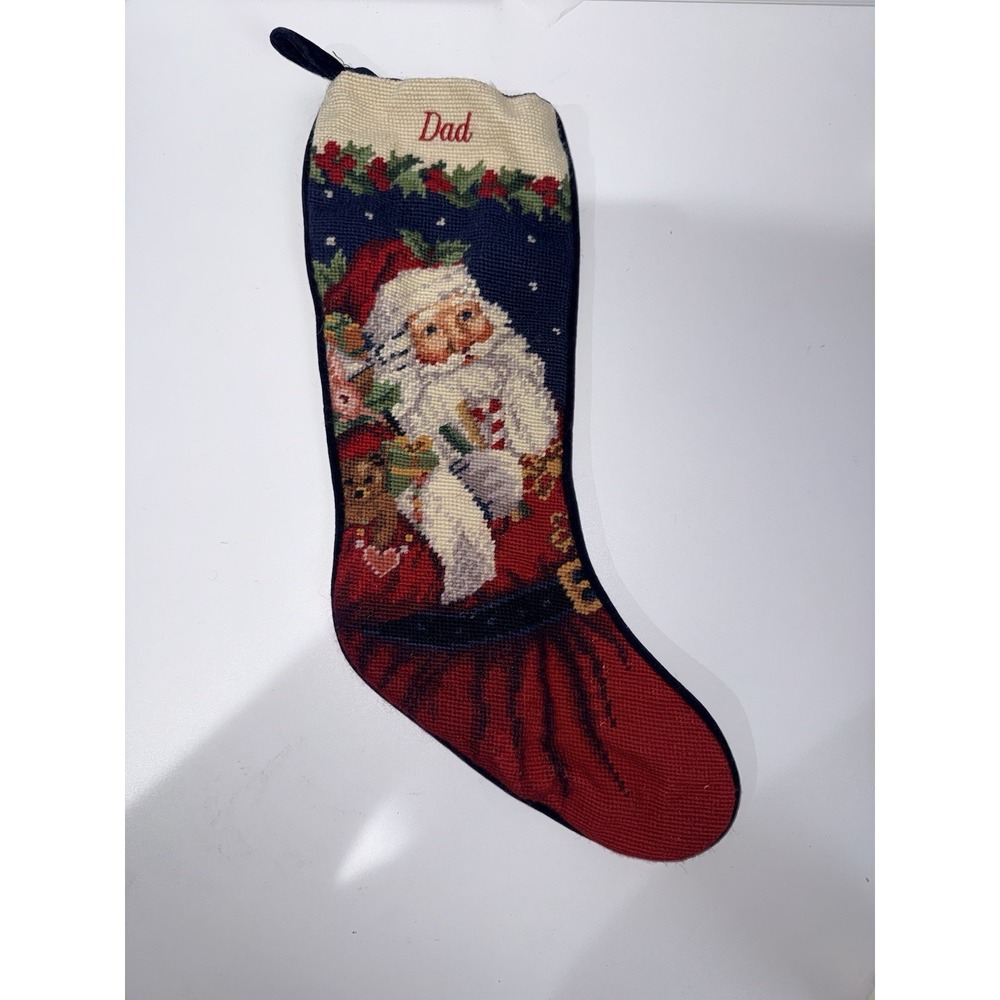 LANDS END Santa Claus Vintage Needlepoint Christmas Stocking Monogrammed "DAD"